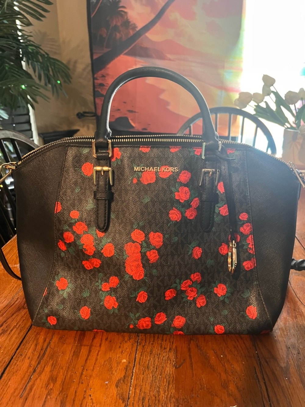 Michael Kors Black Satchel with Red Rose Print